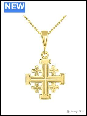 Solid 14K Yellow Gold Crusaders Jerusalem Cross Pendant Necklace